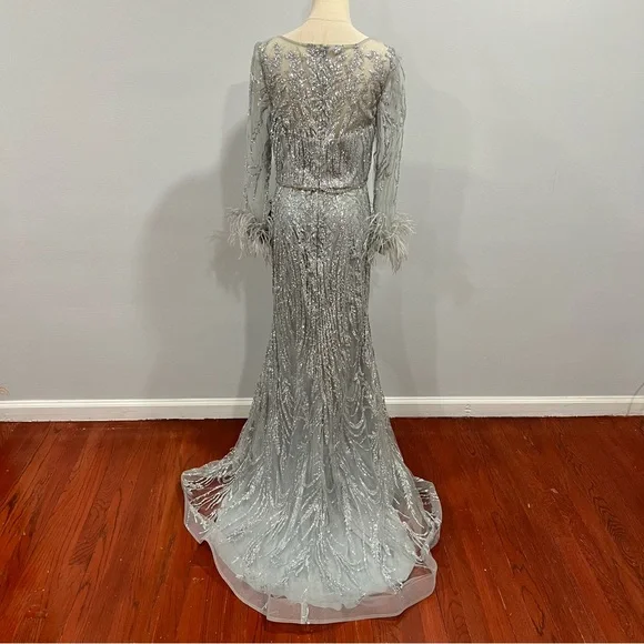 CINDERELLA DIVINE Fitted Long Glitter Evening Dress With Feathers Sleeves - Picture 11 of 16
